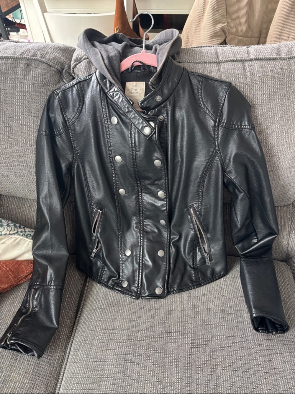 Free People Black Faux Leather Moto Jacket with Grey Hood